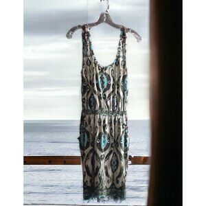 A. Byer Summer Crochet Back Ikat Print Fit Flare Side Pockets Knee M Length VTG